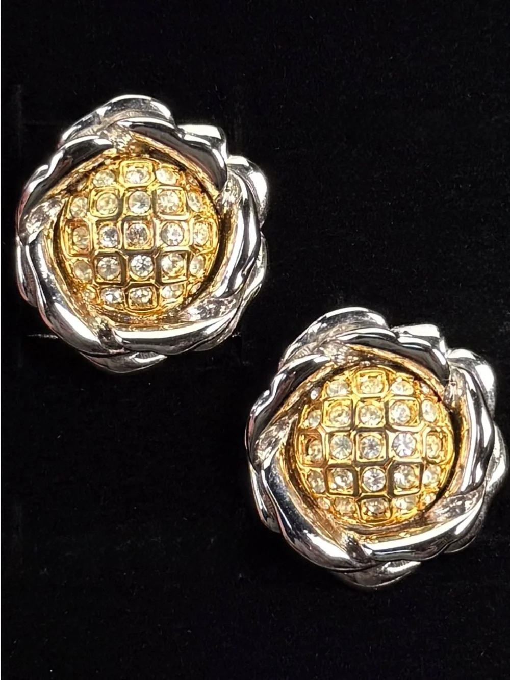 Vintage Nolan Miller, goldtone and silvertone weighted flower clip on earrings
